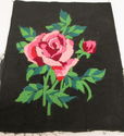 Vintage Crewel Embroidery Pink Rose on Black Linen