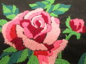 Vintage Crewel Embroidery Pink Rose on Black Linen