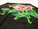 Vintage Crewel Embroidery Pink Rose on Black Linen