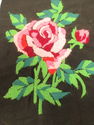 Vintage Crewel Embroidery Pink Rose on Black Linen