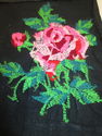 Vintage Crewel Embroidery Pink Rose on Black Linen