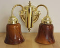 Two Light Wall Sconce Heavy  Gold Amber Glass Shad
