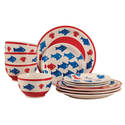 Red & Blue Nautical Fish Design 12 Piece Stoneware