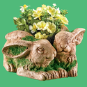 Antiqued Bunnies Garden Planter Faux Moss Accents 