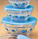 Floral Print Glass Kitchen Serving Bowls w/ Blue S