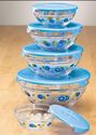 Floral Print Glass Kitchen Serving Bowls w/ Blue S