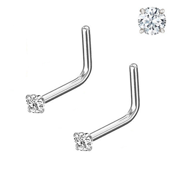 Pair 1.5-3mm Stainless Gold Tone Clear CZ 18G 20G L Shaped Bone Nose Rings Stud