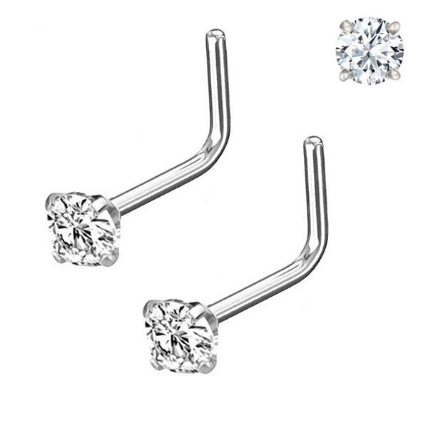 Pair 1.5-3mm Stainless Gold Tone Clear CZ 18G 20G L Shaped Bone Nose Rings Stud