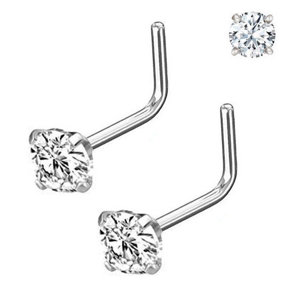 Pair 1.5-3mm Stainless Gold Tone Clear CZ 18G 20G L Shaped Bone Nose Rings Stud