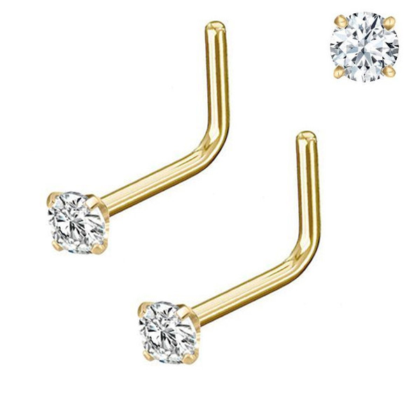 Pair 1.5-3mm Stainless Gold Tone Clear CZ 18G 20G L Shaped Bone Nose Rings Stud