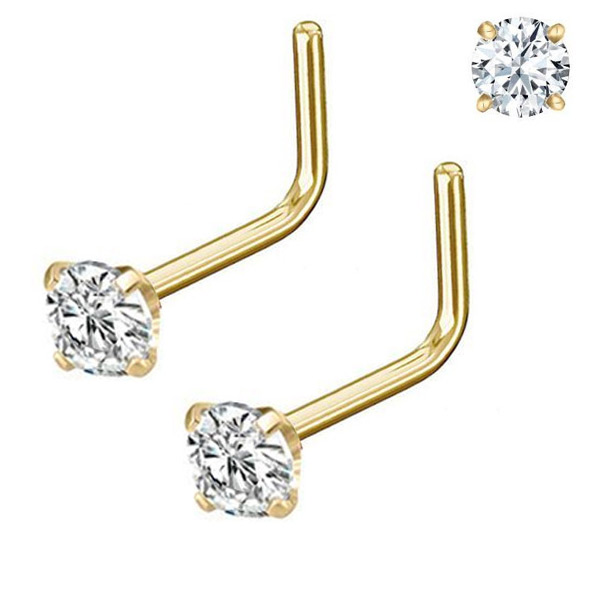 Pair 1.5-3mm Stainless Gold Tone Clear CZ 18G 20G L Shaped Bone Nose Rings Stud