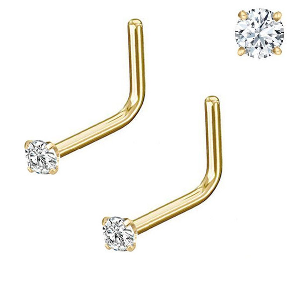 Pair 1.5-3mm Stainless Gold Tone Clear CZ 18G 20G L Shaped Bone Nose Rings Stud