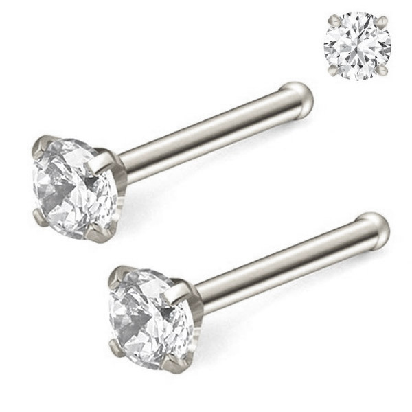 Pair 1.5-3mm Stainless Gold Tone Clear CZ 18G 20G L Shaped Bone Nose Rings Stud