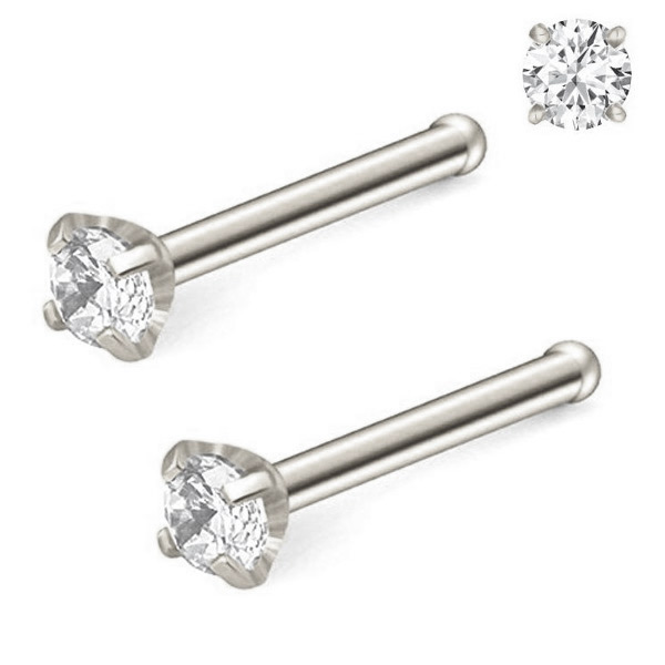 Pair 1.5-3mm Stainless Gold Tone Clear CZ 18G 20G L Shaped Bone Nose Rings Stud