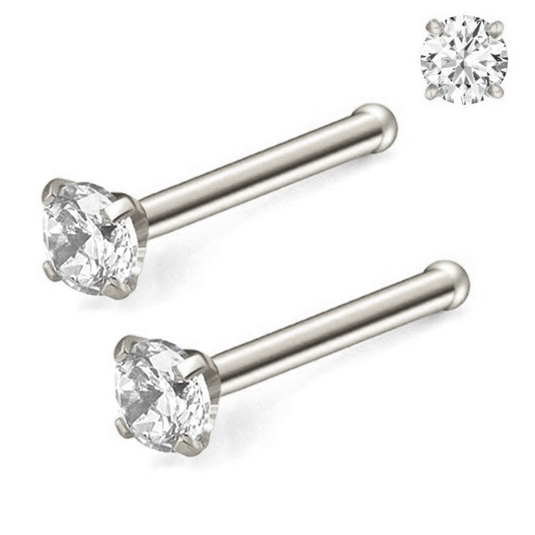 Pair 1.5-3mm Stainless Gold Tone Clear CZ 18G 20G L Shaped Bone Nose Rings Stud