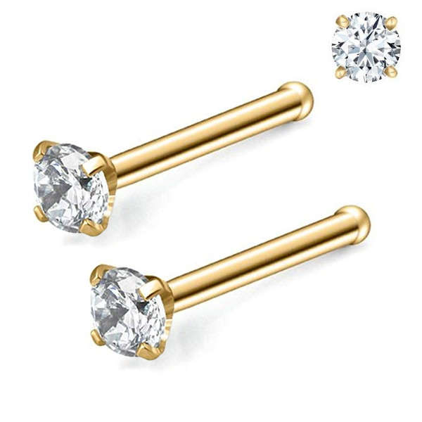 Pair 1.5-3mm Stainless Gold Tone Clear CZ 18G 20G L Shaped Bone Nose Rings Stud