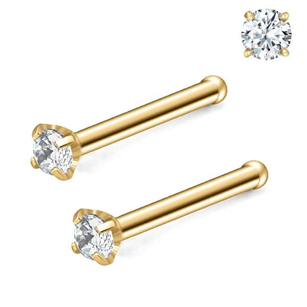 Pair 1.5-3mm Stainless Gold Tone Clear CZ 18G 20G L Shaped Bone Nose Rings Stud