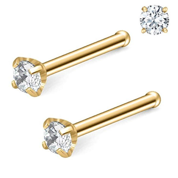 Pair 1.5-3mm Stainless Gold Tone Clear CZ 18G 20G L Shaped Bone Nose Rings Stud