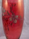 Large Cranberry Glass Hand-Painted Vase, Floral Pa