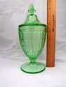 Vintage Vaseline Glass Covered Footed Compote, Dep