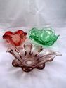 Three Art Glass Dishes, Green, Brown, Red, Candy, 