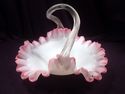 Art Glass Basket, Ruffled Rim, Pink, White, Clear 