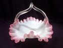 Art Glass Basket, Ruffled Rim, Pink, White, Clear 