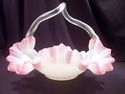 Art Glass Basket, Ruffled Rim, Pink, White, Clear 