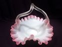 Art Glass Basket, Ruffled Rim, Pink, White, Clear 