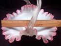 Art Glass Basket, Ruffled Rim, Pink, White, Clear 