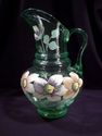 Large Vaseline Hand-Painted Glass Pitcher, Jug, Fl