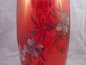 Large Cranberry Glass Hand-Painted Vase, Floral Pa