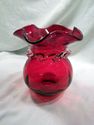 Red Vase, Vintage Glass, Hand-Blown, Clear Rigaree