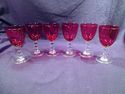 Set of 6 Ruby Cordial Glasses, Clear Beaded Stems,