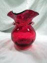 Red Vase, Vintage Glass, Hand-Blown, Clear Rigaree