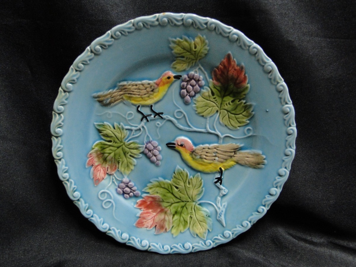 Black Forest Art Pottery, Germany, Majolica, Birds & Grapes Salad