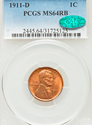 1911 D Lincoln Wheat Cent PCGS Graded MS64RB CAC G