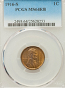 1916 S PCGS Graded MS64 RB Lincoln Wheat Cent