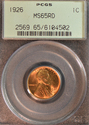 1926 PCGS Graded MS65 RED Lincoln Wheat Cent
