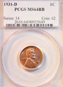 1931 D PCGS Graded MS64RB Lincoln Wheat Cent
