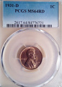 1931 D PCGS MS64RD Red Lincoln Wheat Cent 6721