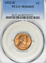 1933 D PCGS Graded MS66 Red Lincoln Wheat Cent 