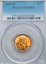 1949 D PCGS Graded MS66RD Red Lincoln Wheat Cent G