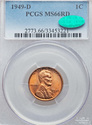 1949 D PCGS Graded MS66RD Red Lincoln Wheat Cent C