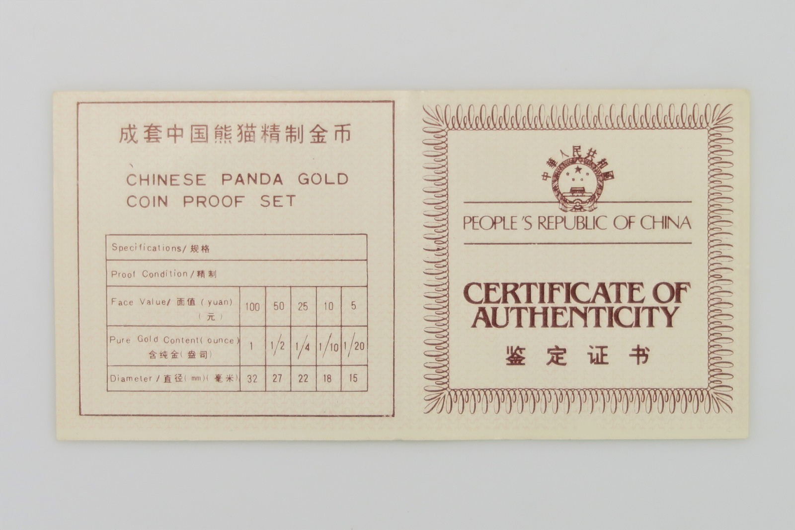 1986 China Panda Proof Gold Coin Set 1.9 ozt Gold Coin, COA, Box 17036