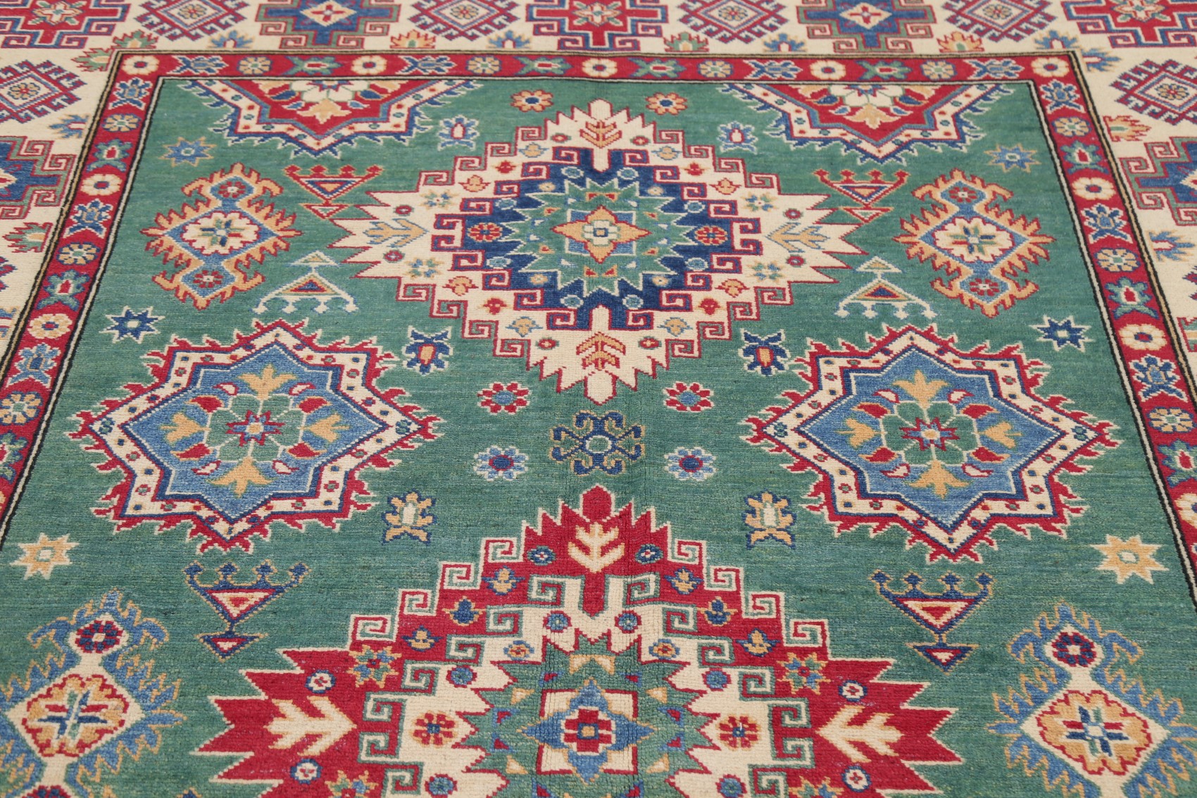 Green Geometric Super Kazak 6x8 Area Rug Wool HandKnotted Oriental