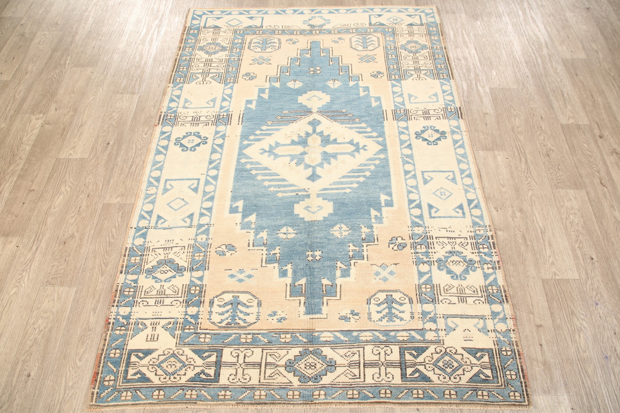 BLUE/BEIGE Geometric Turkish Anatolian Oriental Area Rug Handmade 5x7
