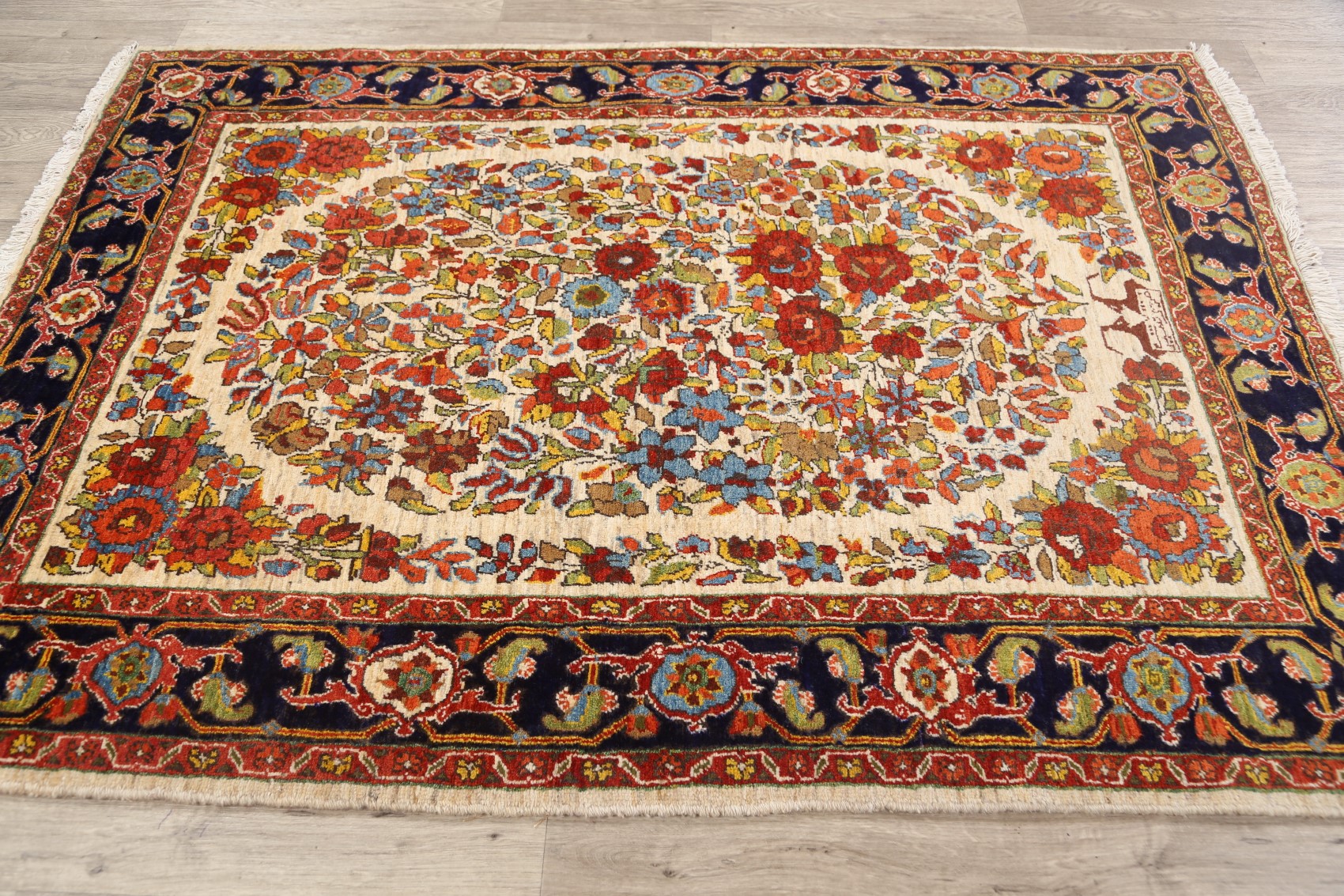 Floral Bakhtiari Signed Vegetable Dye Area Rug Handmade Wool Oriental