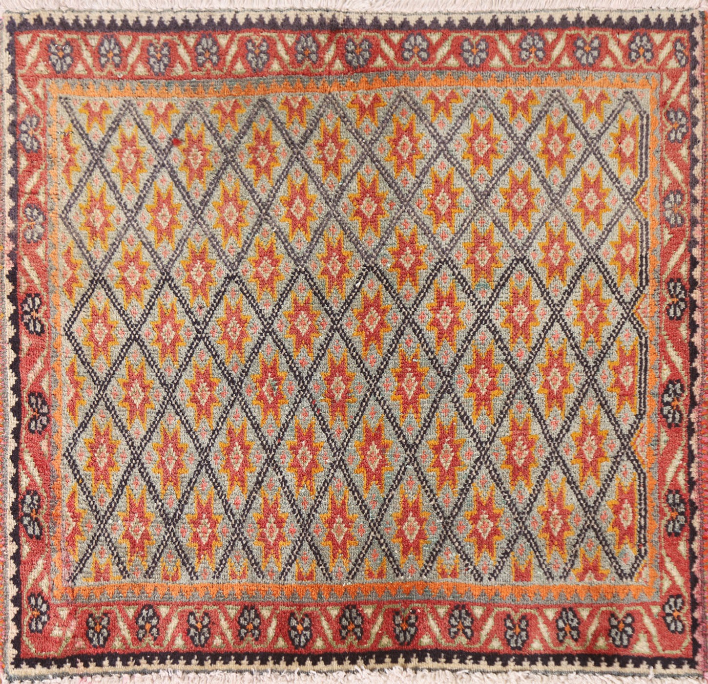 Vintage Square Rug 2x2 ft.Vegetable Dye Geometric Oriental