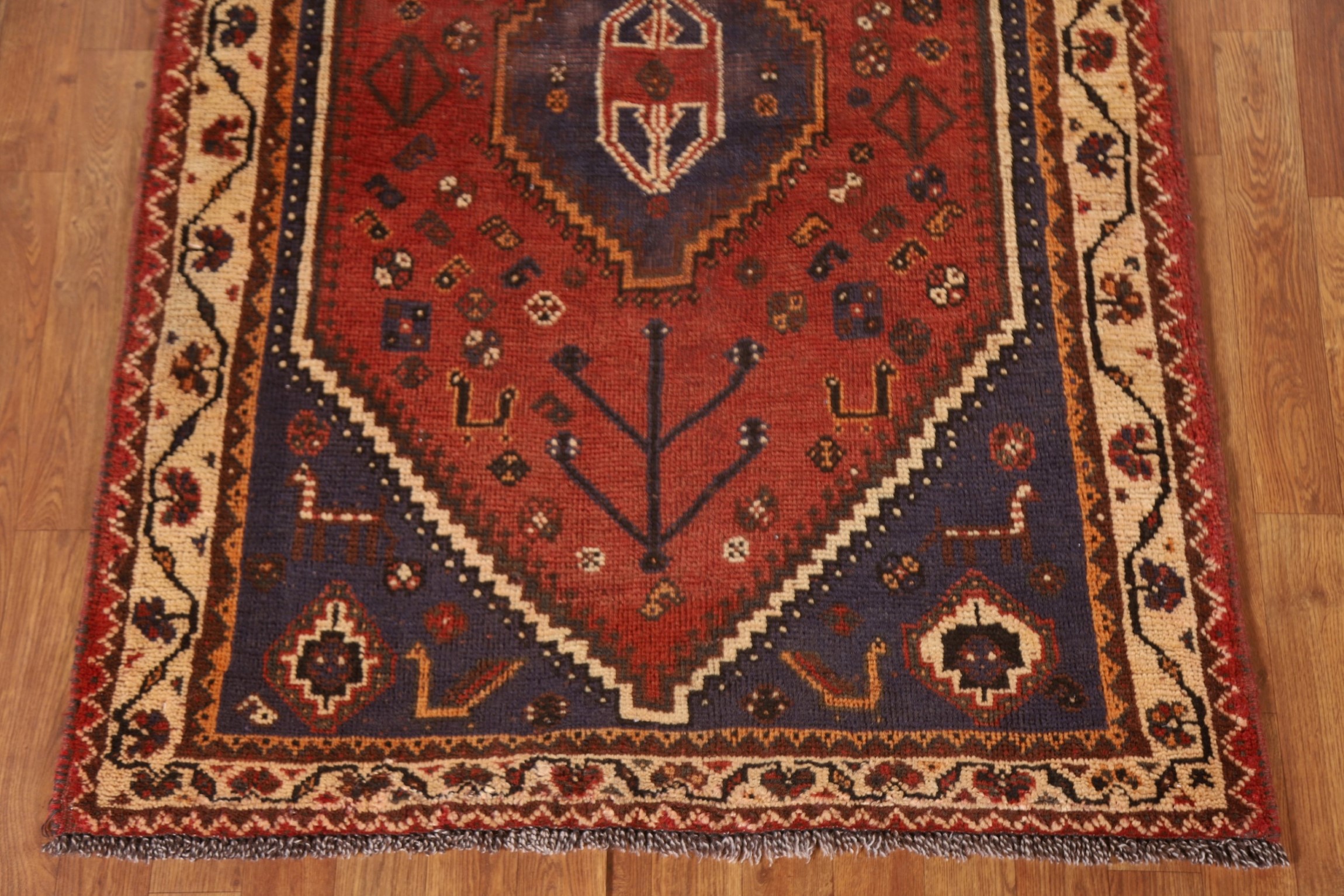 Vintage Rug 4x5 ft.Geomentric Qashqai Oriental Handmade Low